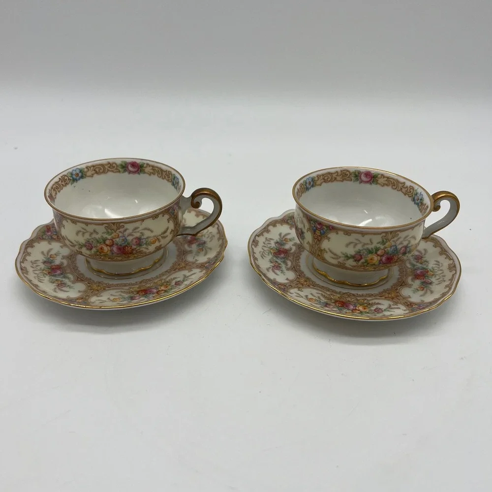 Paul Muller Selb‎ Bavaria Meadowbrook Two Tea Cup Saucer Sets Floral Gold Trim